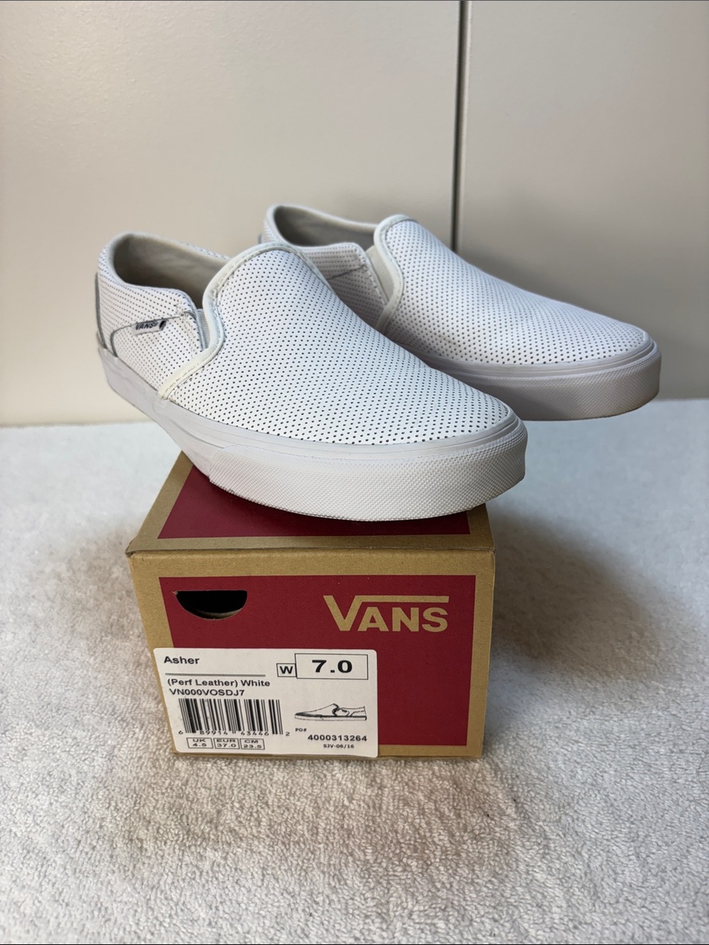 Vans Asher Perforated Leather Slip-On Sneakers in White